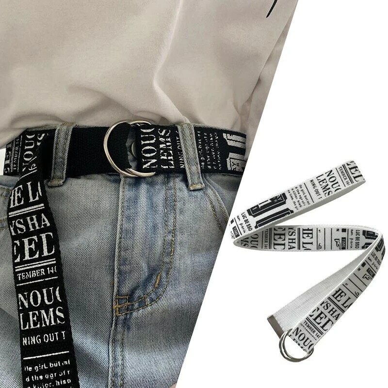 더블 버클 레터 프린트 캔버스 허리띠, 벨트 장식, 심플하고 세련된 청바지, 남녀 공용