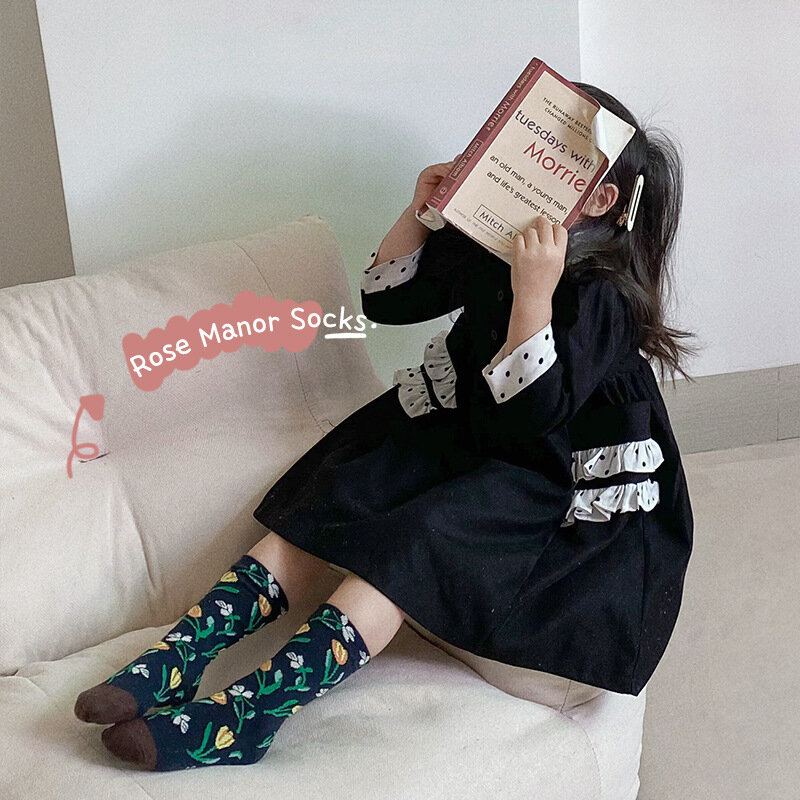 女の子のためのヴィンテージの花柄の靴下,韓国のチェック柄のストッキング,綿,かわいい