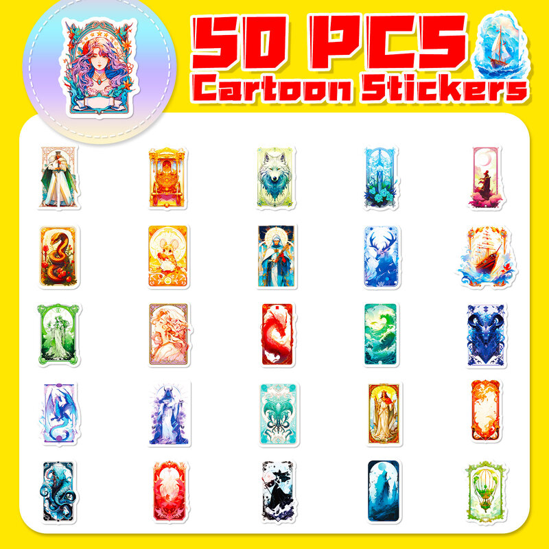 Cartoon Fantasy Tarot Card Series Adesivos, Graffiti Adesivos, Adequado para Laptop, Capacetes, Decoração Desktop, Brinquedos DIY, 50Pcs