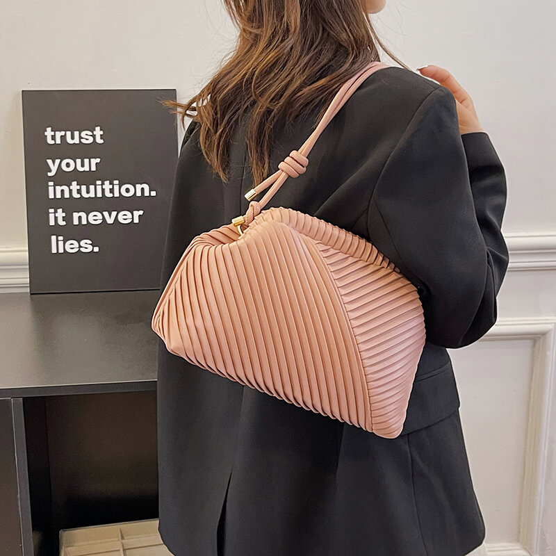 New Women Pleated Underarm Shoulder Bag Stripe Handbag Versatile Simple Fashion Small PU Leather Bag Crossbody New Design Purses