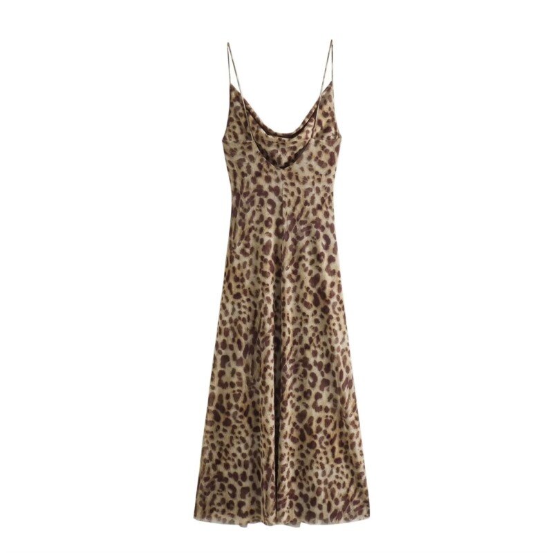 TRAF Leopard Print Split Long Dress for Women 2024 Spring Summer New Casual Sexy High Waist Thin Shoulder Strap Slim Fit Dress