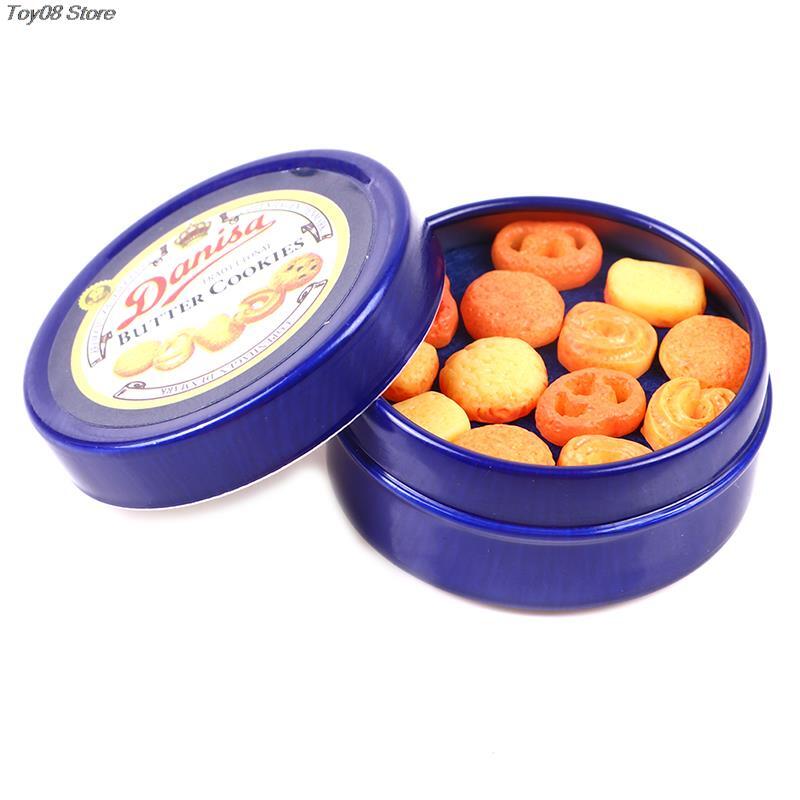 Caja de lata azul de galletas danesas en miniatura, accesorios de cocina, 1 piezas, 1/12, 37x17mm