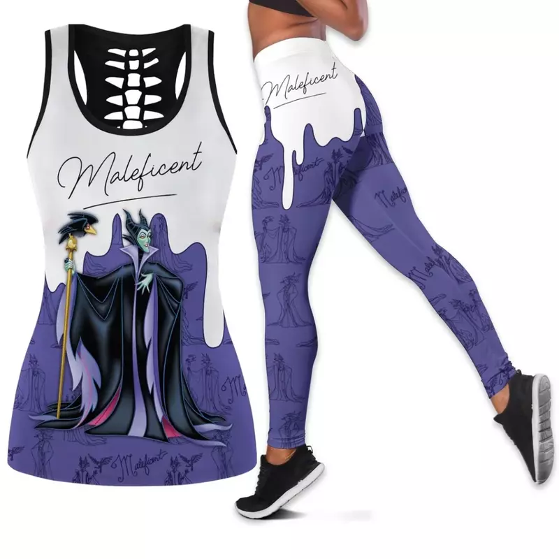 Maleficent Women's Hollow Vest + Women's Leggings Yoga Suit Fitness Leggings Sports Suit Disney Villains Tank Top Legging Set