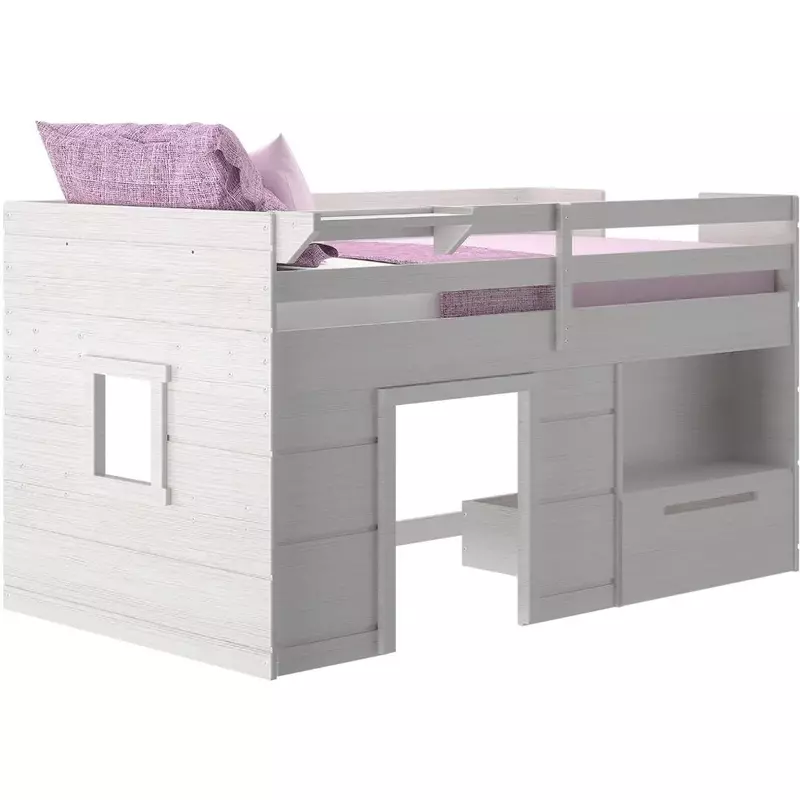 Marco de cama para niños, Loft bajo de madera maciza con cajón de almacenamiento y escalera, marco de cama para niños