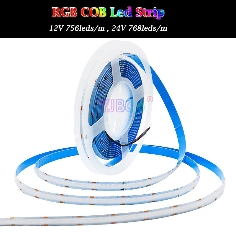 고휘도 5M COB RGB LED 스트립, 12V 24V 756/768 LEDs/m FCOB 분위기, 다채로운 조명, 유연한 조명 테이프, 흰색 PCB, 10mm