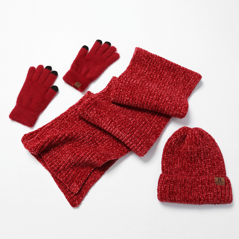 3 stücke Winter Hut Schal Handschuh Sets für Frauen 2022 Dicke Warme Chenille Gestrickte Frau Beanie Hut Schals Handschuhe