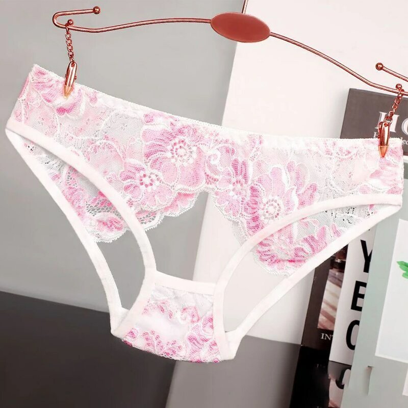 Women Panties Hollow Floral Embroidery Underwear Lace French Knickers Open Crotch Lingerie Briefs Mesh Sheer Thongs Underpants