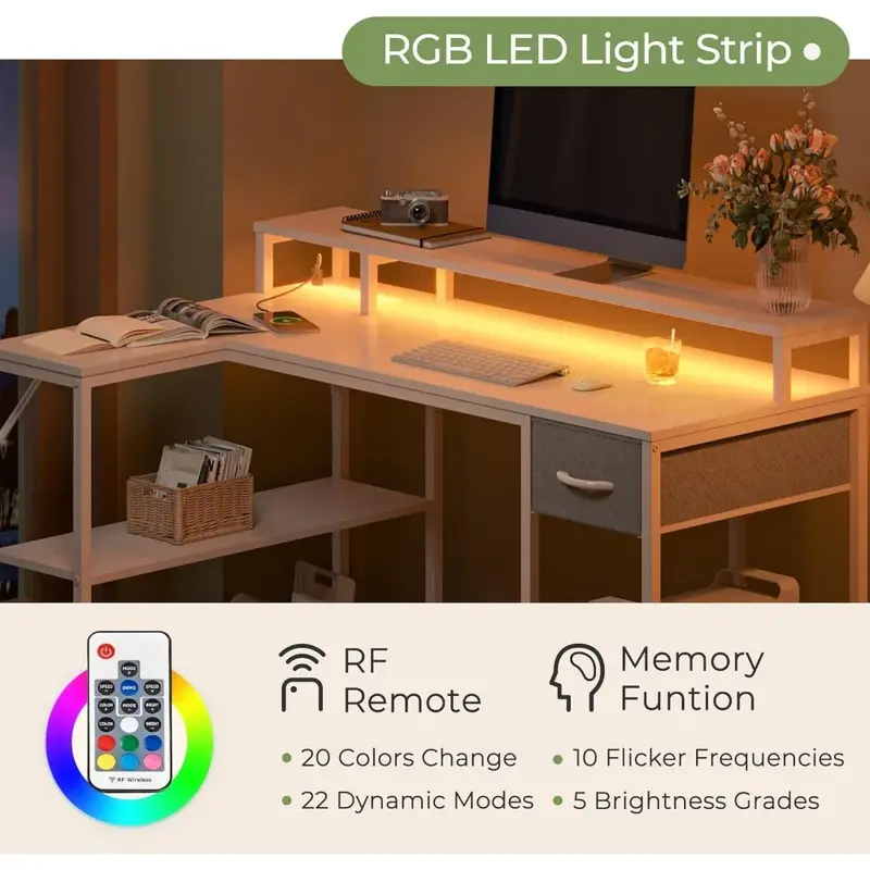 โต๊ะเหล็กรูปตัว L สไตล์มินิมอลทันสมัยพร้อมไฟ LED โต๊ะคอมพิวเตอร์แบบพลิกกลับได้พร้อมชั้นวางและลิ้นชักโต๊ะทำงานสีขาว