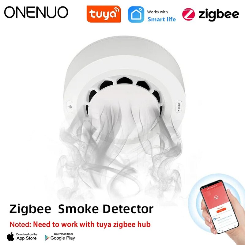 ONENUO-Tuya Zigbee Smoke Sensor, Detector De Alarme De Incêndio, Home Security, Sensor De Fumaça, Deve Trabalhar com Tuya Zigbee Hub