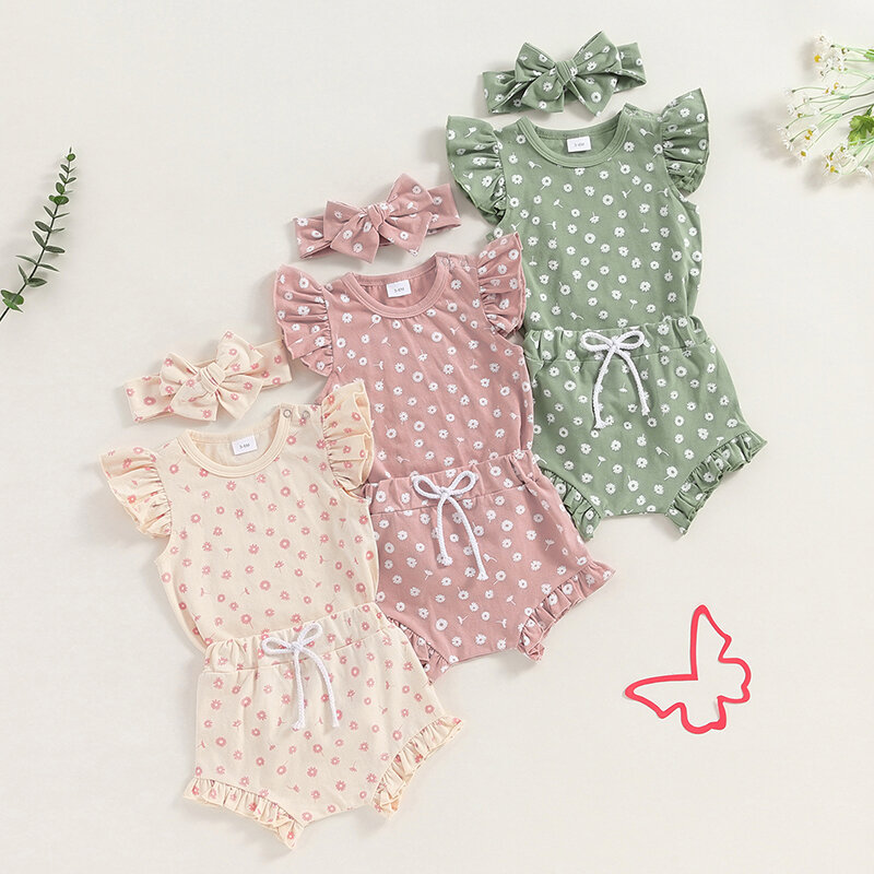 Roupa de verão para bebês, macacão de manga voadora, shorts plissados, conjunto de bandana, roupas estampadas em margarida, 2024-04-03