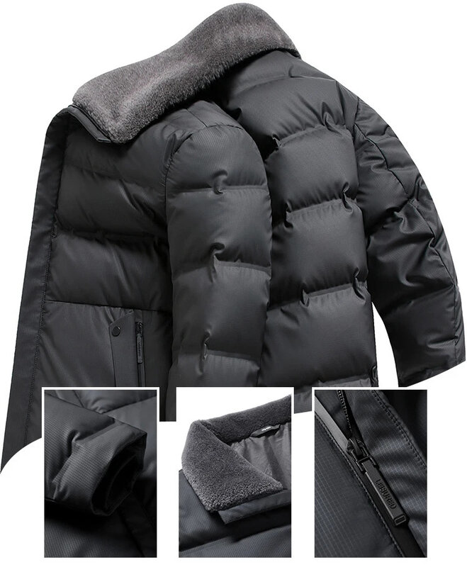 2024 New Winter Down Jacket Men's Mid-length Wool Fur Collar Warm Coat 90% Wihte Puffer Jackets Business Windproof Blazer