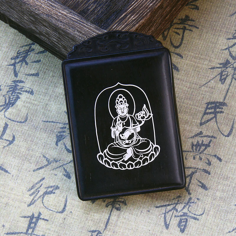 Ebony Inlaid S999 Sterling Silver Guanyin Bodhisattva Pendant Purple Sandalwood Safe Journey Keychain Nothing Card Car Pendant