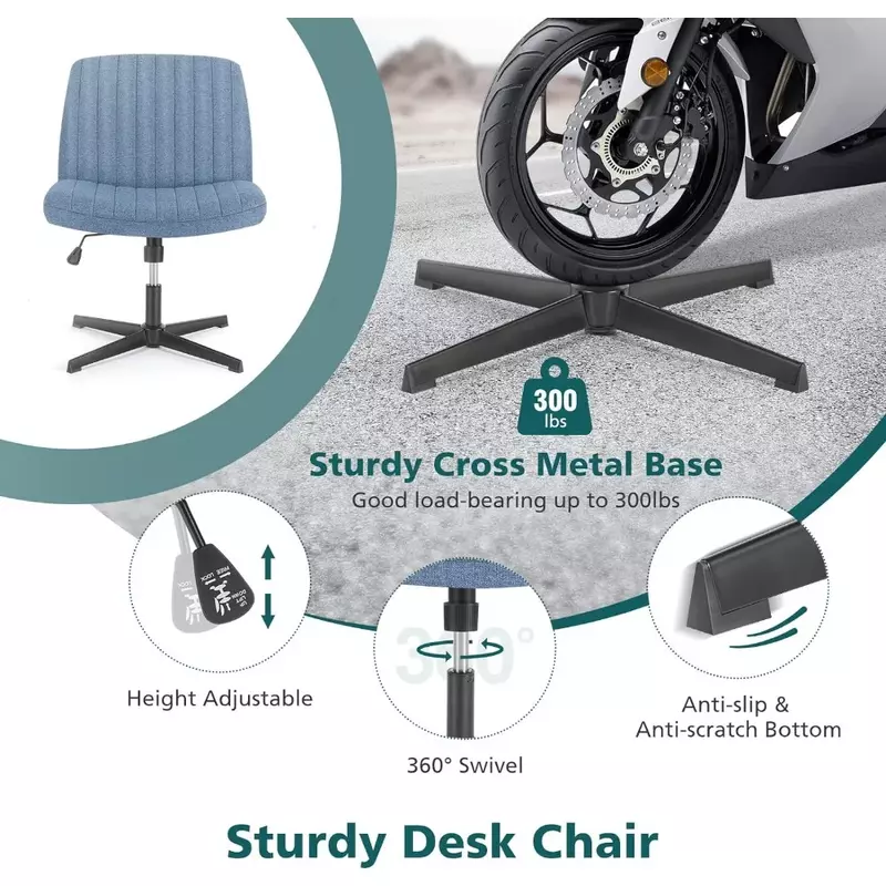 Kursi meja silang tanpa lengan, kursi kantor biru, kursi meja rumah empuk, putar bisa disesuaikan, tanpa roda