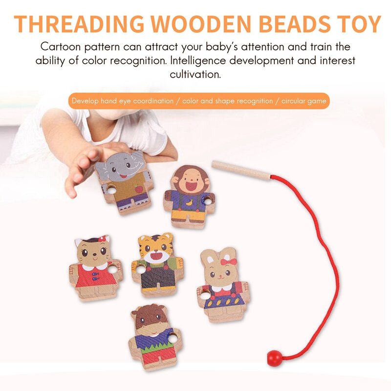 Animal de desenho animado Threading Wooden Beads Toy para crianças, brinquedos educativos Montessori, DIY, quente, 2023