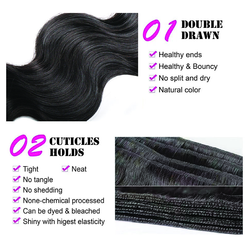 Podwójne ciągnione wiązki ludzkich włosów z zapięciem brazylijskie włosy splot wiązki z zamknięciem doczepy typu Body Wave