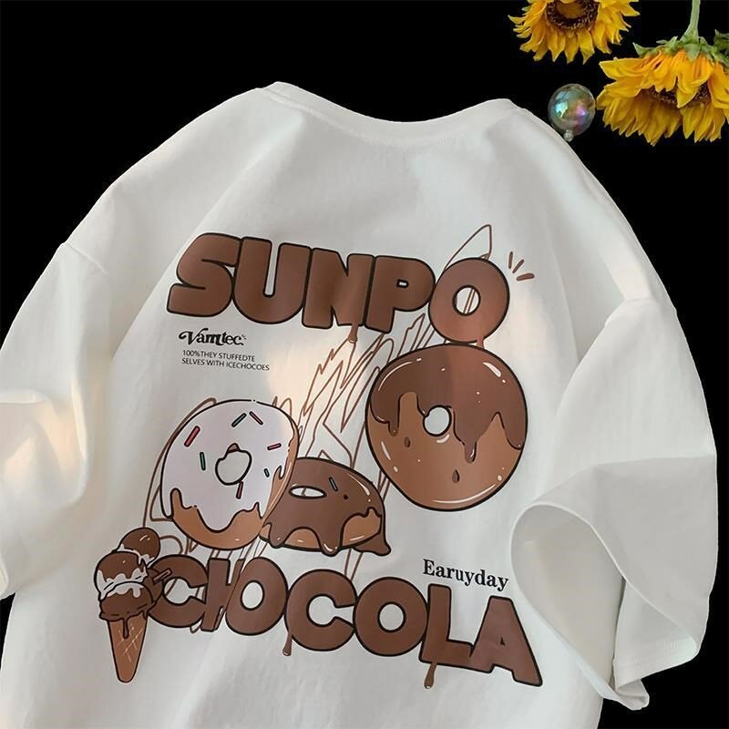 여름 크리에이티브 만화 도넛 반팔 티셔츠, 남성 및 여성용, 넉넉한 바람, 넉넉한 캐주얼 다목적 상의 의류