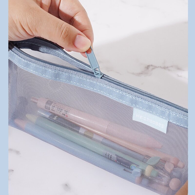 Estuche de tela de malla triangular para lápices, bolsa de almacenamiento de datos de malla de nailon transparente a la moda, bolsa de almacenamiento de papelería