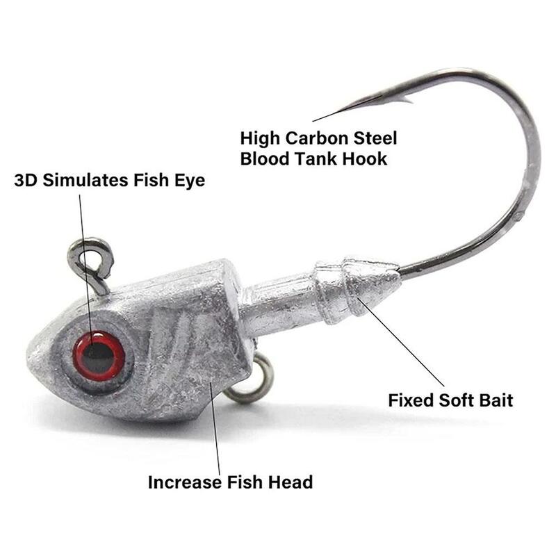 5 ganchos de pesca artificiais 3.5g/5g/7g/10g/14g/20g 3d olhos cabeça de peixe ganchos farpado para água salgada de água doce
