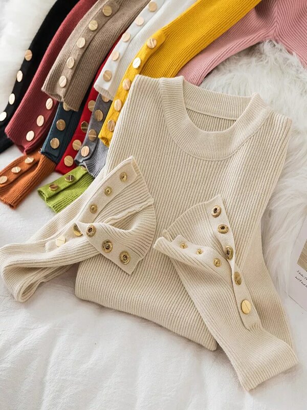 Suéter grueso de color caqui para mujer, Jersey informal con botones y cuello redondo, top de punto ajustado, tops suaves, 2024