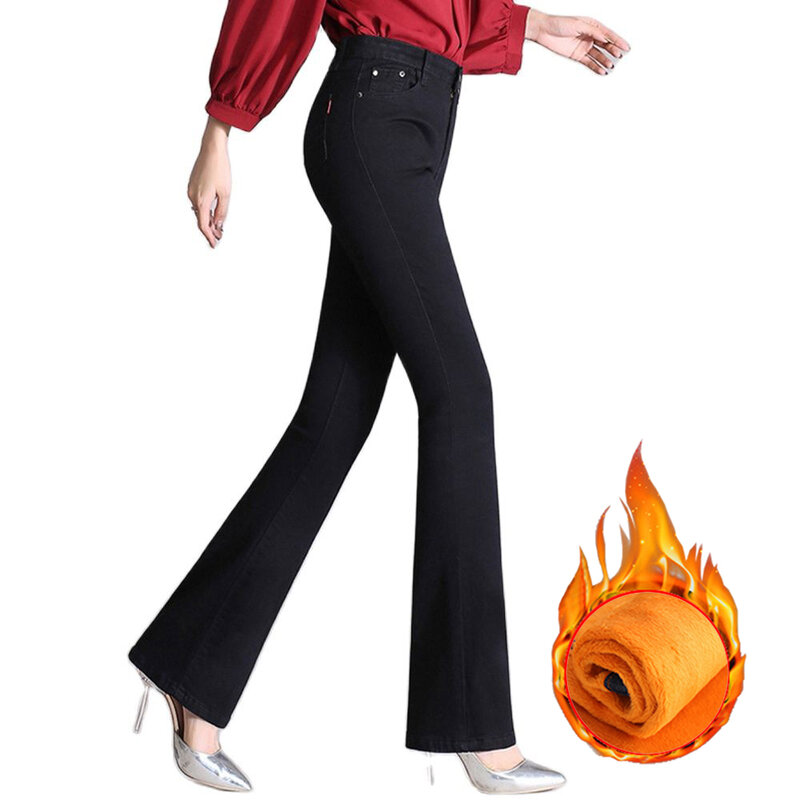 Женские утепленные зимние расклешенные джинсы, облегающие джинсы с высокой талией, Стрейчевые расклешенные брюки с бархатной подкладкой из флиса, Размеры S-6XL