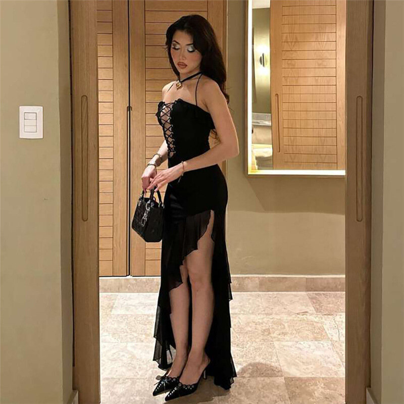Black Tie Up Women's Prom Dress Sexy Side Split Sleeveless Summer Long Party Gown Beach Holiday Skirt Lace Up Casual Robes