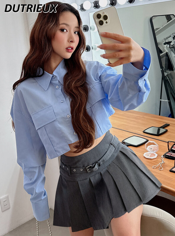 Blusa holgada de estilo japonés para mujer, camisa de manga larga de un solo pecho, cuello vuelto, Color sólido, primavera y verano
