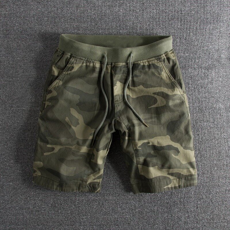 Washed Distressed Cotton Personalized Camouflage Elastic Waist Summer Men's Shorts