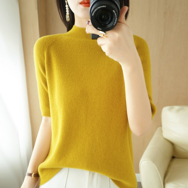 Moda damska sweter 2022 nowy półgolf jednokolorowy pięciopunktowy rękaw dziergany dół sweter Slim koreański Trend Top