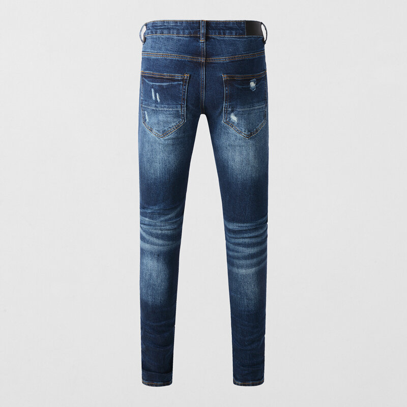 Джинсы мужские Стрейчевые в стиле ретро, рваные джинсы скинни, тёмно-синие, с заплатками, оранжевые брендовые дизайнерские брюки в стиле хип-хоп, уличная мода