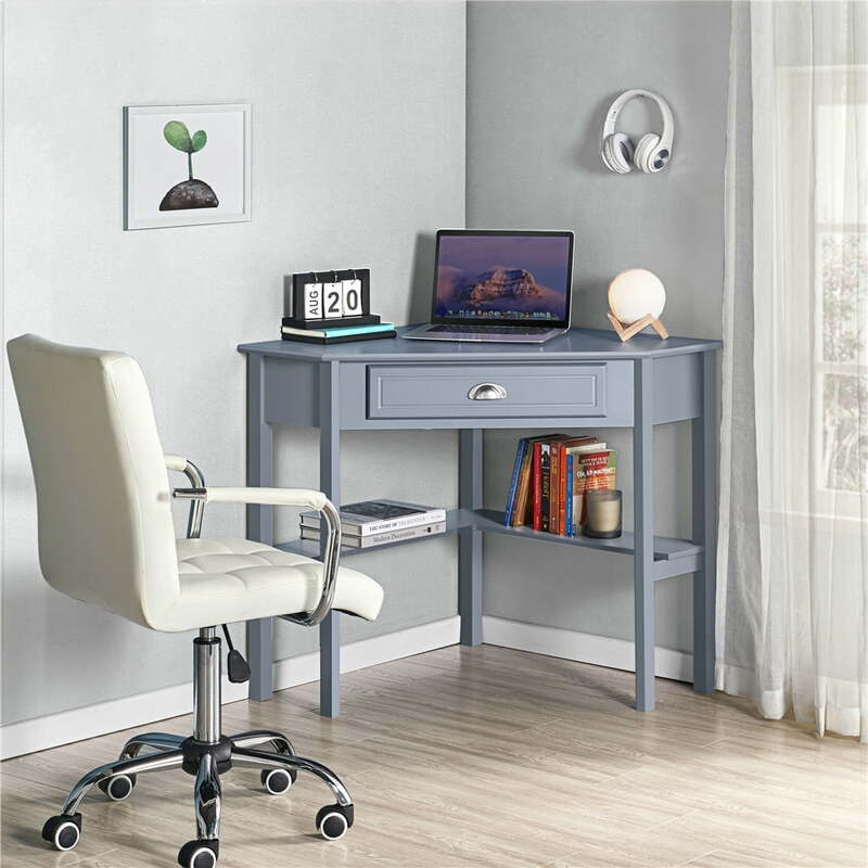 Escritorio esquinero para oficina y hogar, estación de trabajo con cajón de almacenamiento, color gris
