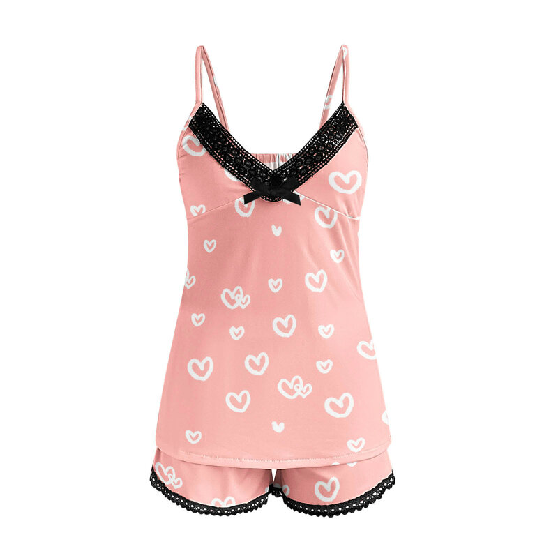 Damski seksowny 2-częściowy zestaw piżamy damski seksowny nadruk w kształcie serca spodenki na ramiączka 2-częściowy koronkowy piżama piżama piżama zestaw odzież domowa