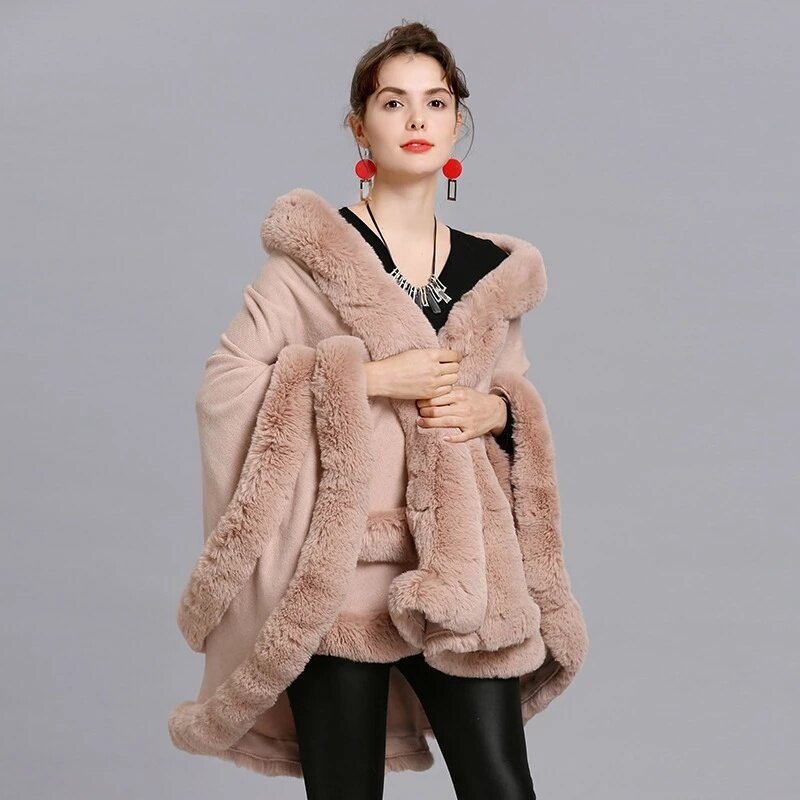 Poncho feminino de pele falsa de duas camadas com chapéu, casaco grosso quente, capa, pêndulo grande, cardigã de rabo de pombal, xale de inverno