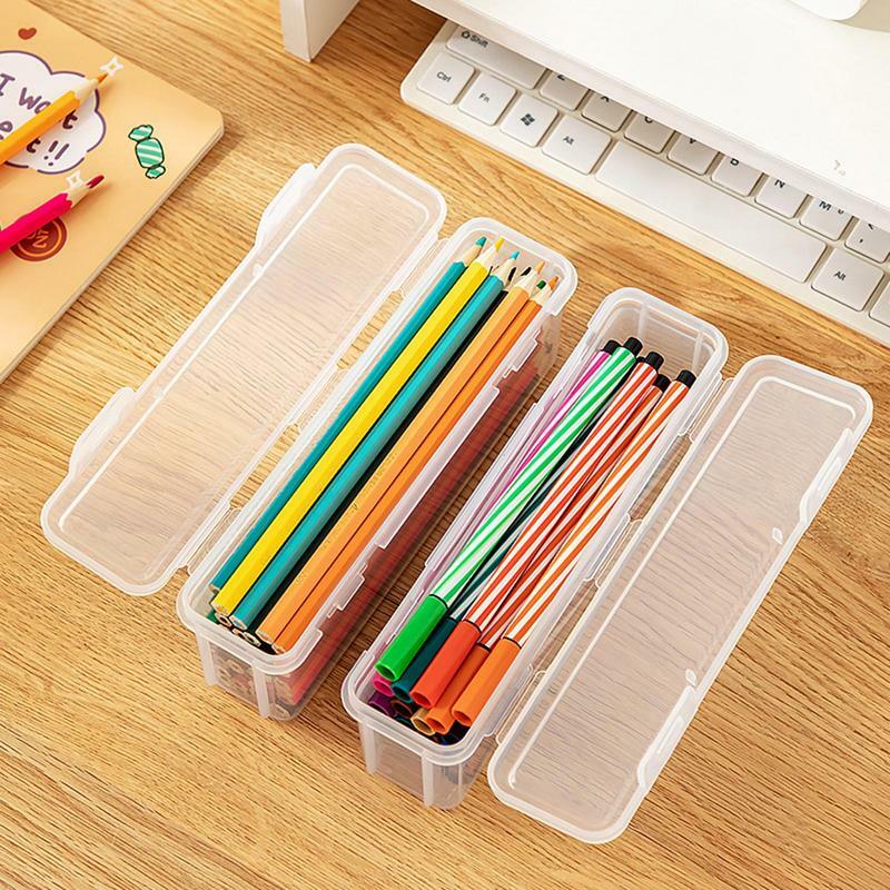 Clear Pencil Holder Box Snap-On Stationery Storage Case With Large Capacity Portable Space Saving Storage Holder For Home School