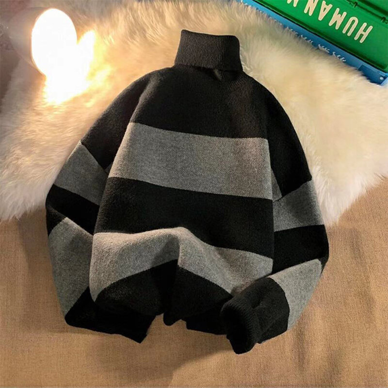 Sweater Lengan Panjang Turtleneck Pria Gambar Cetak Bergaris Musim Gugur Musim Dingin Pullover Tebal Ukuran Besar Harajuku Kasual Mode Korea Pelajar