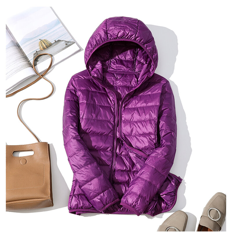 여성용 초경량 얇은 다운 재킷, 슬림 숏 후드, 따뜻한 화이트 덕 다운 코트, 여성 아우터, 겨울 코트, 가을