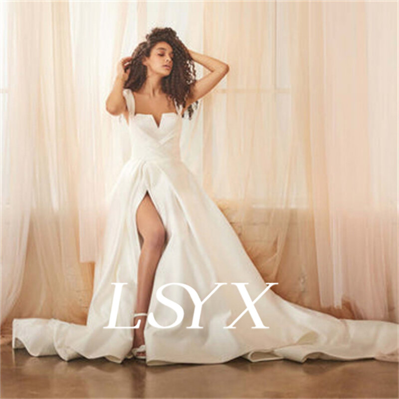 LSYX-vestido de novia plisado de satén para mujer, prenda sencilla con cremallera, longitud hasta el suelo, abertura lateral alta, personalizado