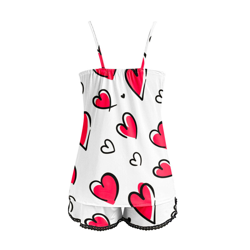 Ladies Sexy 2 Piece Pajama Set Womens Sexy Heart Print Camisole Shorts 2 Piece Lace Pijama Suit Sleepwear Pyjamas Home Wear Set