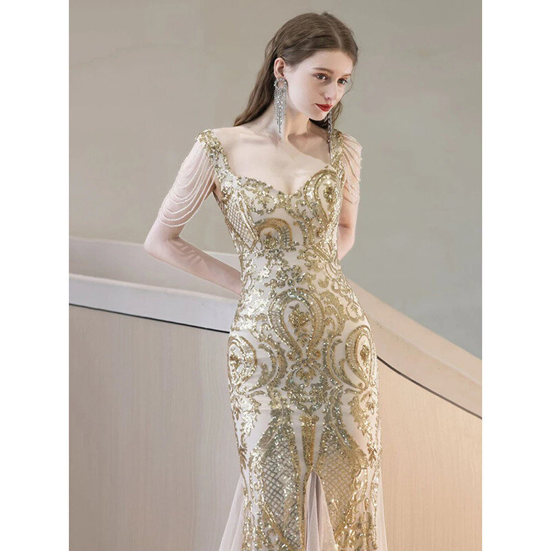 Goldene schlanke Abendkleider Bankett kleid sexy Quaste Schulter kragen weibliche Party vestido de festa neu eingeführtes Kleid