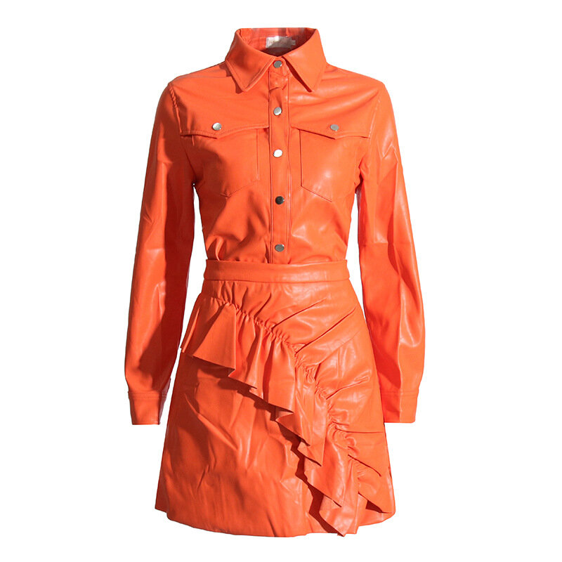 Coat PU Fashion Set Standing Neck Long Sleeve Shirt High Waist Pleated Half Dress Two Piece Set