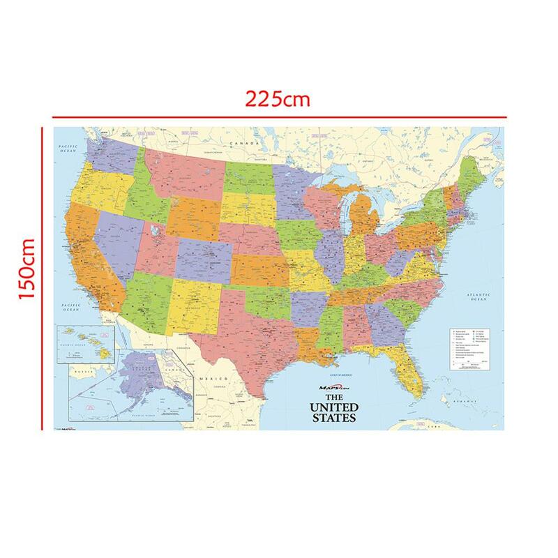 Lienzo no tejido de mapa de Estados Unidos, Impresión de mapa detallado, póster grande, suministros educativos, decoración del hogar, 225x150 Cm