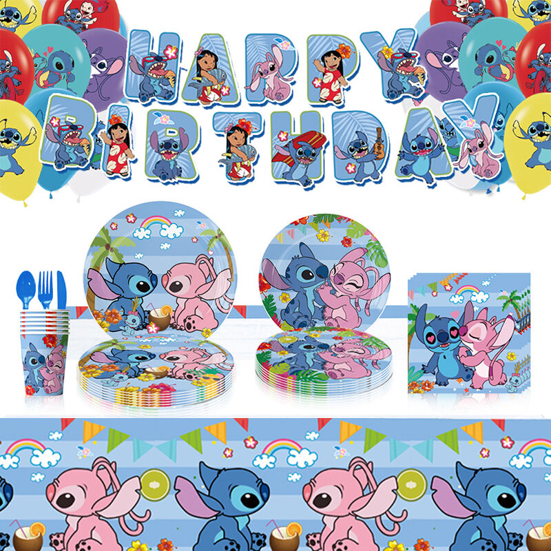 Decoraciones de fiesta de cumpleaños de Stitch para niños, globos de látex de papel de aluminio, vajilla desechable, telón de fondo, suministros para Baby Shower