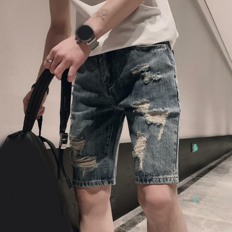 Men Denim Shorts Mid-waist Denim Shorts Men's Streetwear Denim Shorts Mid-rise Ripped Holes Straight Leg Knee Length