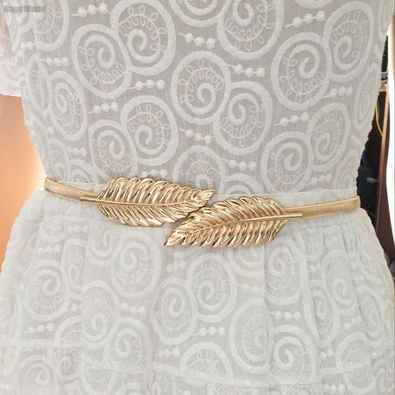 Cinturones con forma de hoja para niña, cinturón de mujer, dorado, plateado, de Metal, elástico, banda de cintura alta, vestido de boda
