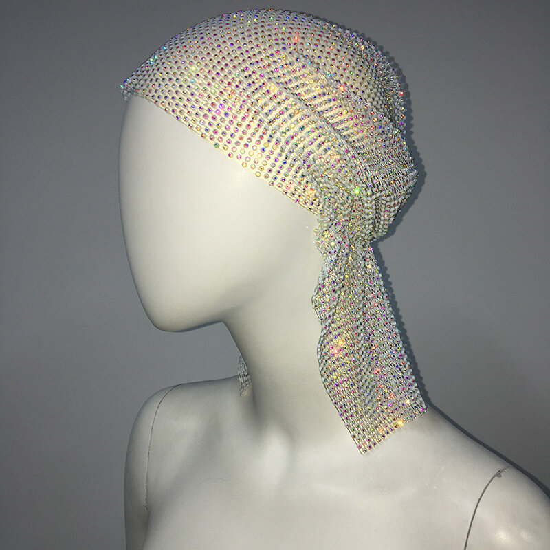 2023 Fashion Women Bling Rhinestone Head Scarf Turban Hat Music Festival Party Nightclub Headband Crystal Mesh Cap Hair Headwear
