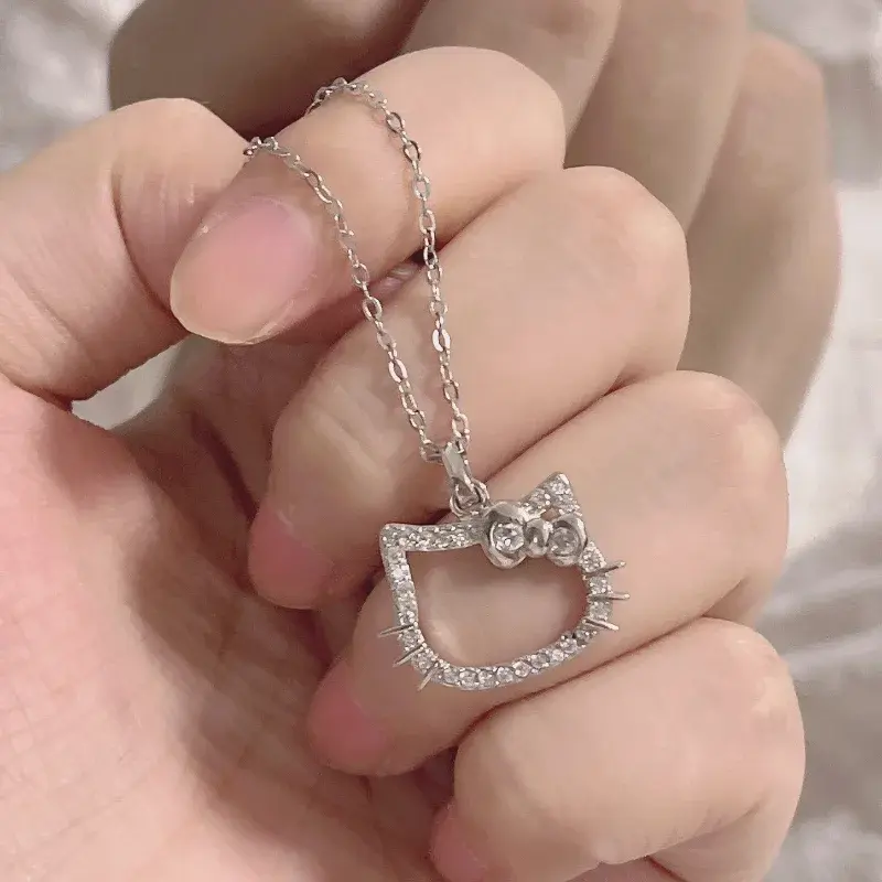 Kawaii Hello Kitty Ketting Anime Karakter Sanrio Ring Paar Zilveren Sleutelbeen Keten Verstelbare Accessoires Dames Verjaardagscadeau