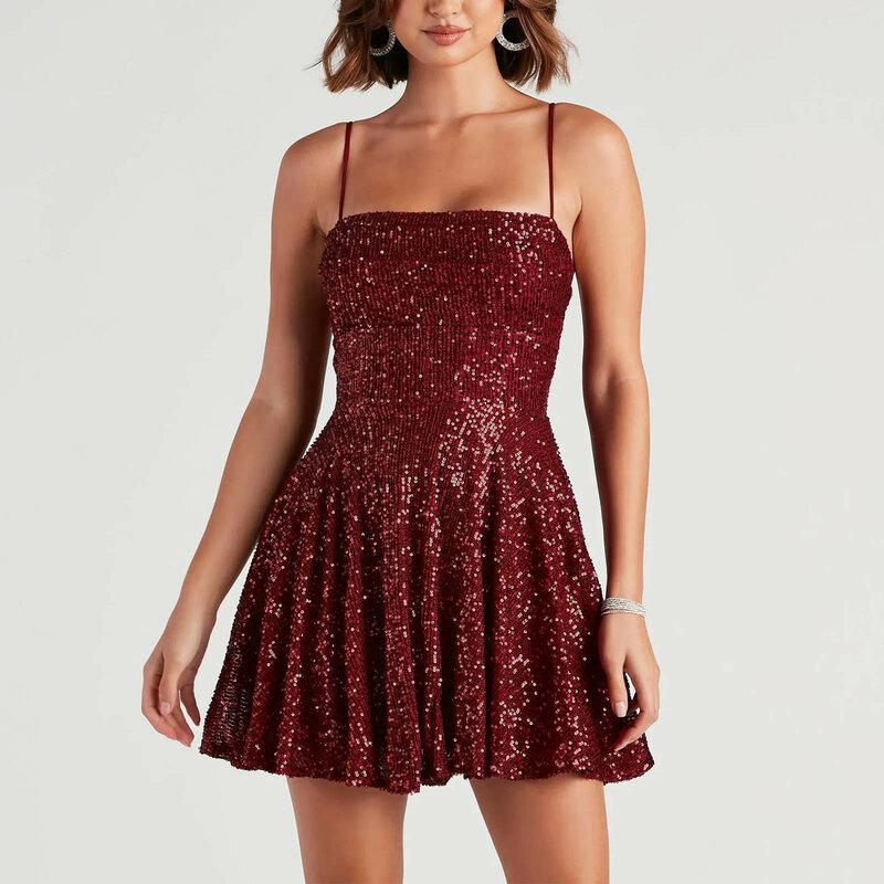 Elegante vestido de cocktail feminino, cinta de espaguete, brilho vermelho, lantejoulas brilhantes, vestido de festa, vintage, sexy, baile, noite, feminino