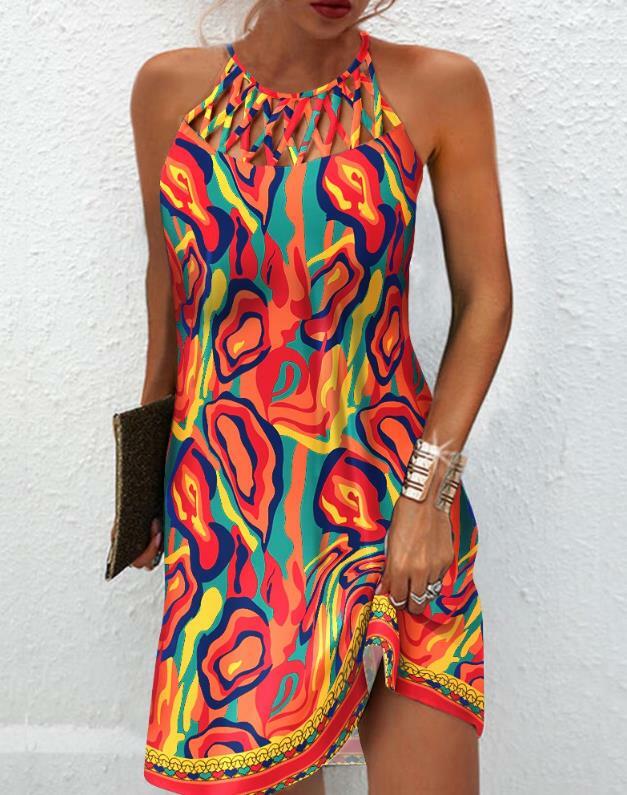 Fashion Women's Straight Dress 2023 Summer Vacation New Multicolor Abstract Print Hollow Casual Mini Sleeveless Dress Female