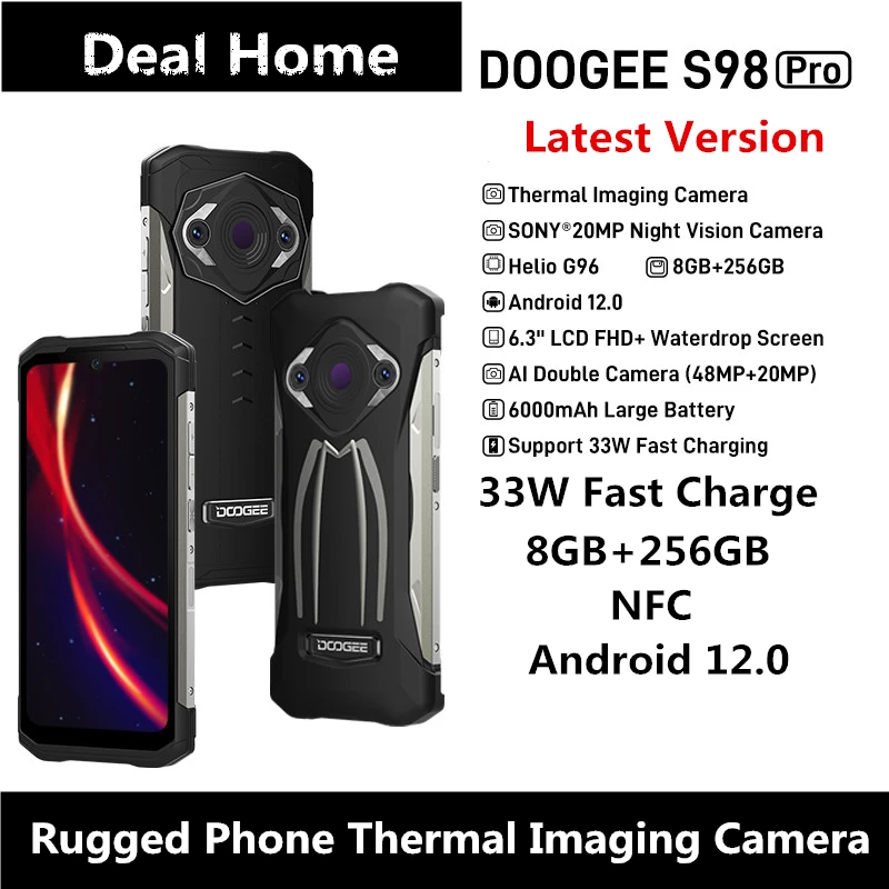 DOOGEE S98 Pro ponsel cerdas, ponsel cerdas 6.3 inci 6000mAh 33W penglihatan malam 20MP Helio G96 8GB 256GB
