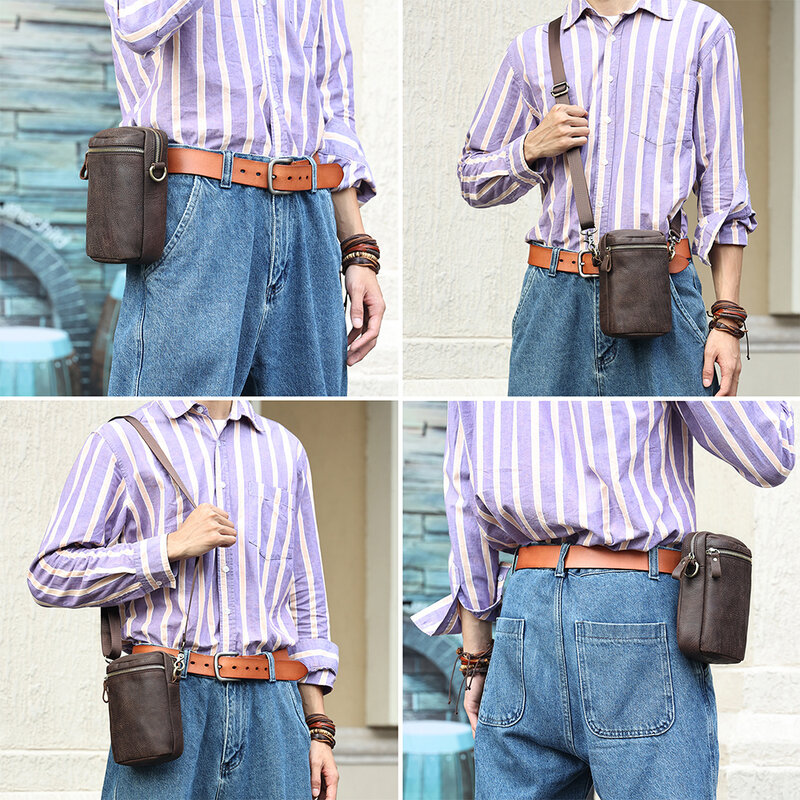 Bolso de cintura de cuero genuino para hombre, bolsa para teléfono móvil, bolso de viaje deportivo informal, bandolera pequeña para hombro, novedad