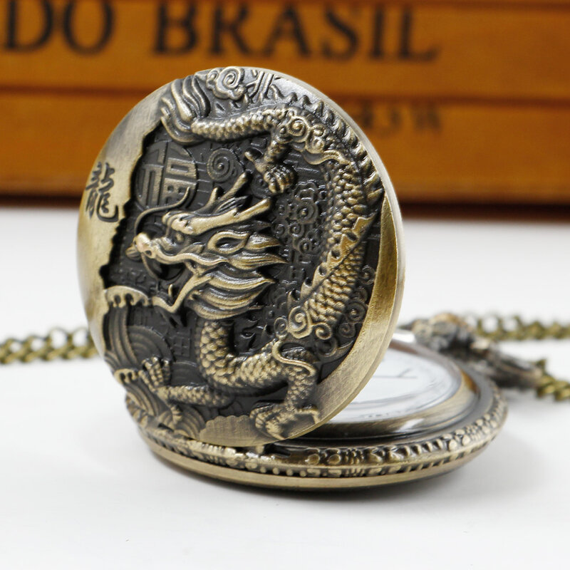 Montre de poche à quartz vintage en bronze avec rabat dragon chinois pour hommes et femmes, cadran blanc, collier JOGift, nouveau, 2022